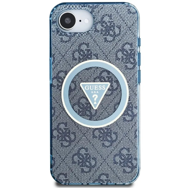 Guess IML Metal Glitter 4G Circle Triangle MagSafe – dėklas, skirtas iPhone 16e (mėlynas)