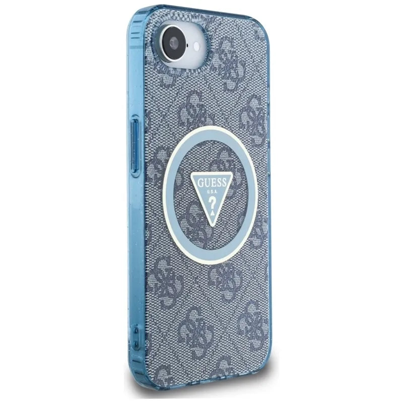 Guess IML Metal Glitter 4G Circle Triangle MagSafe – dėklas, skirtas iPhone 16e (mėlynas)