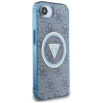 Guess IML Metal Glitter 4G Circle Triangle MagSafe – dėklas, skirtas iPhone 16e (mėlynas)