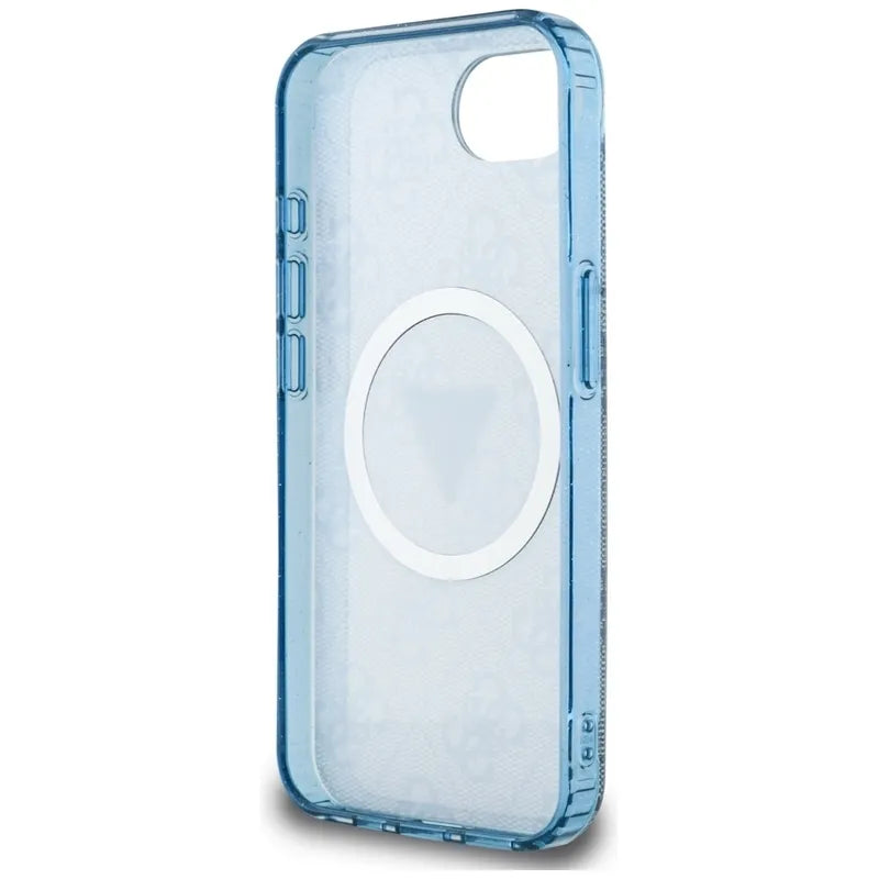 Guess IML Metal Glitter 4G Circle Triangle MagSafe – dėklas, skirtas iPhone 16e (mėlynas)