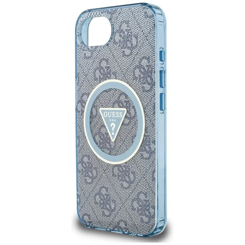 Guess IML Metal Glitter 4G Circle Triangle MagSafe – dėklas, skirtas iPhone 16e (mėlynas)
