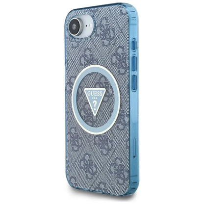 Guess IML Metal Glitter 4G Circle Triangle MagSafe – dėklas, skirtas iPhone 16e (mėlynas)