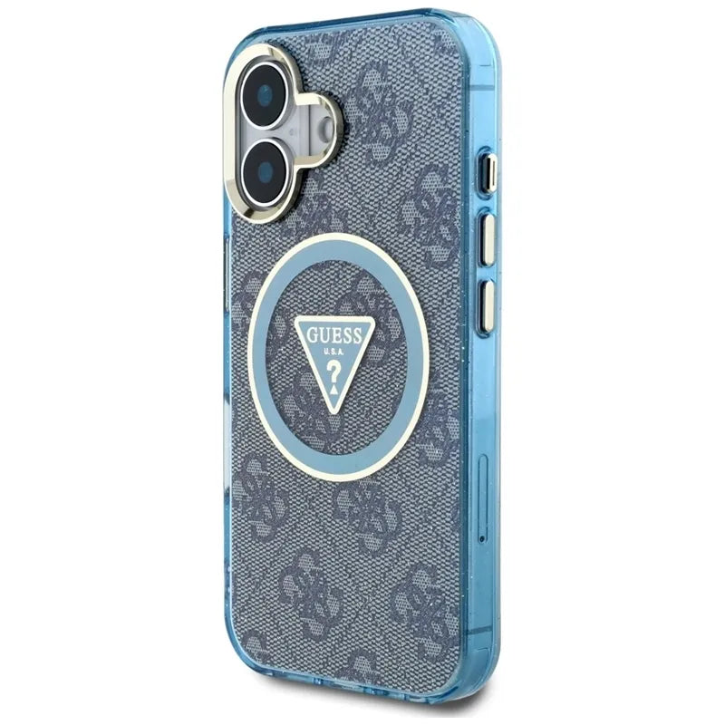 Guess IML Metal Glitter 4G Circle Triangle MagSafe – iPhone 16 dėklas (mėlynas)