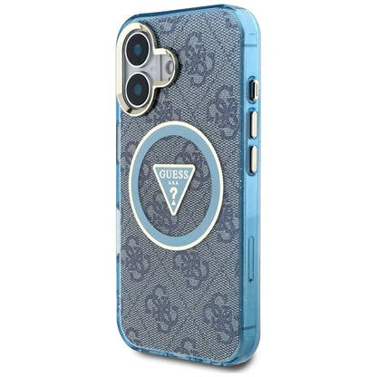 Guess IML Metal Glitter 4G Circle Triangle MagSafe – iPhone 16 dėklas (mėlynas)