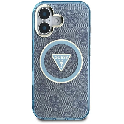 Guess IML Metal Glitter 4G Circle Triangle MagSafe – iPhone 16 dėklas (mėlynas)