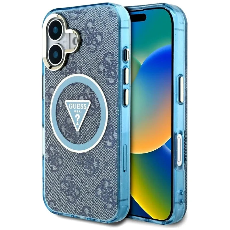 Guess IML Metal Glitter 4G Circle Triangle MagSafe – iPhone 16 dėklas (mėlynas)