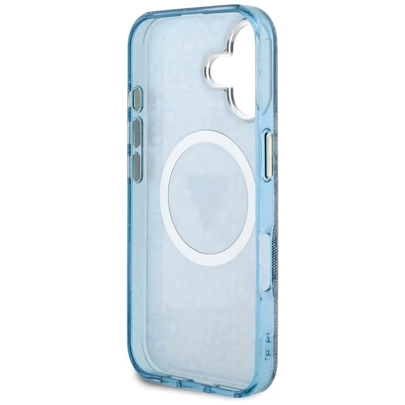 Guess IML Metal Glitter 4G Circle Triangle MagSafe – iPhone 16 dėklas (mėlynas)