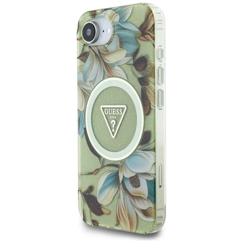 Guess IML Metal Glitter Flowers Triangle MagSafe – Dėklas iPhone 16e (žalias)