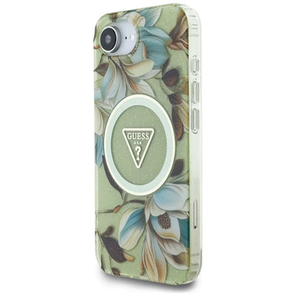Guess IML Metal Glitter Flowers Triangle MagSafe – Dėklas iPhone 16e (žalias)