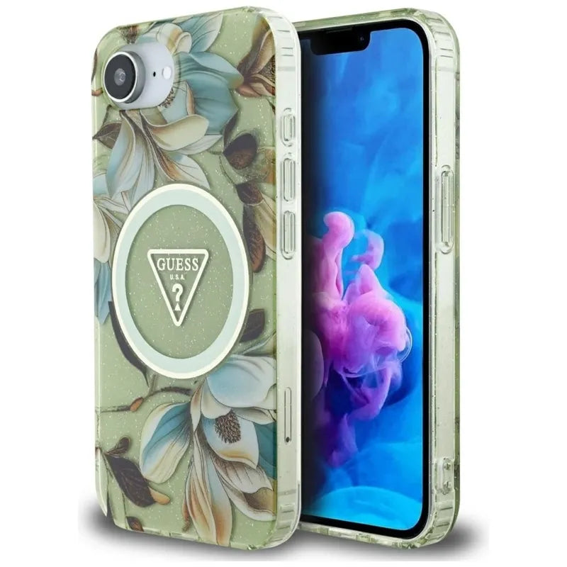Guess IML Metal Glitter Flowers Triangle MagSafe – Dėklas iPhone 16e (žalias)
