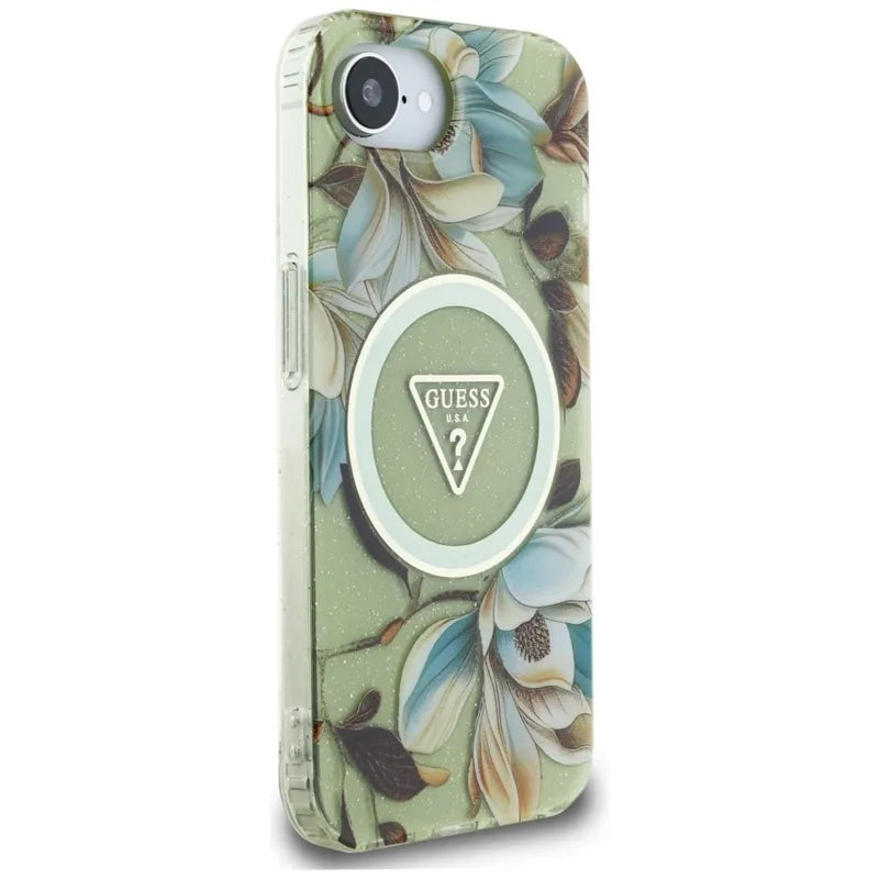 Guess IML Metal Glitter Flowers Triangle MagSafe – Dėklas iPhone 16e (žalias)
