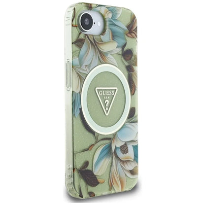 Guess IML Metal Glitter Flowers Triangle MagSafe – Dėklas iPhone 16e (žalias)
