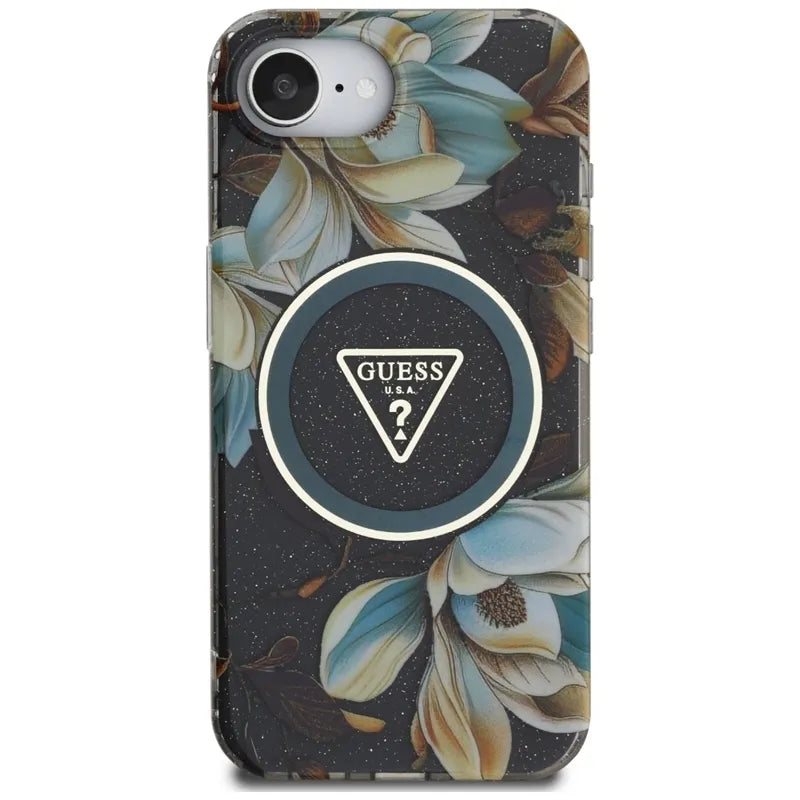 Guess IML Metal Glitter Flowers Triangle MagSafe – Dėklas, skirtas iPhone 16e (juoda)