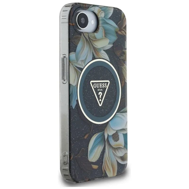 Guess IML Metal Glitter Flowers Triangle MagSafe – Dėklas, skirtas iPhone 16e (juoda)