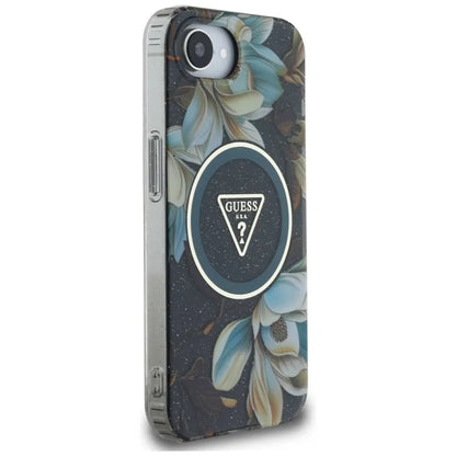Guess IML Metal Glitter Flowers Triangle MagSafe – Dėklas, skirtas iPhone 16e (juoda)