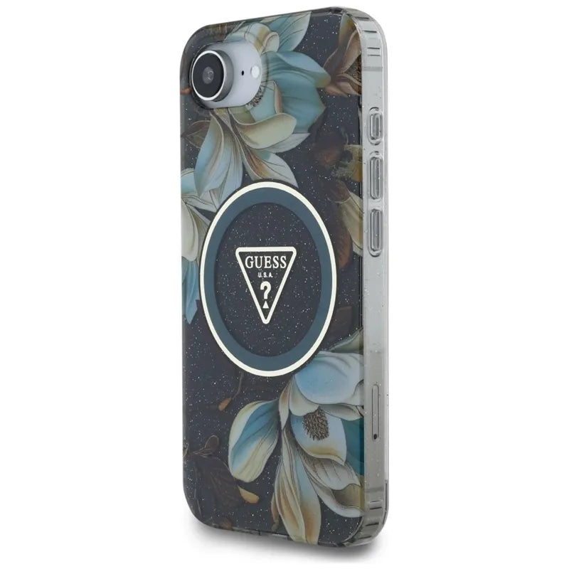 Guess IML Metal Glitter Flowers Triangle MagSafe – Dėklas, skirtas iPhone 16e (juoda)