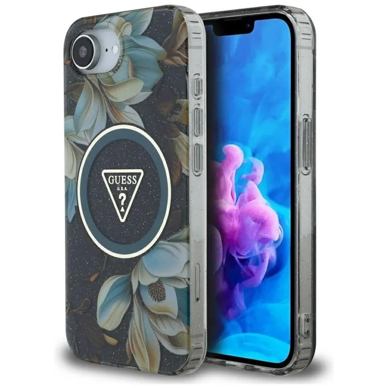 Guess IML Metal Glitter Flowers Triangle MagSafe – Dėklas, skirtas iPhone 16e (juoda)
