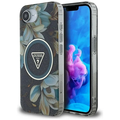 Guess IML Metal Glitter Flowers Triangle MagSafe – Dėklas, skirtas iPhone 16e (juoda)