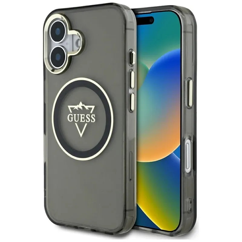 Guess IML Metal Mountain Logo MagSafe – dėklas iPhone 16 (juodas)