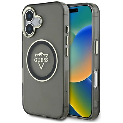 Guess IML Metal Mountain Logo MagSafe – dėklas iPhone 16 (juodas)