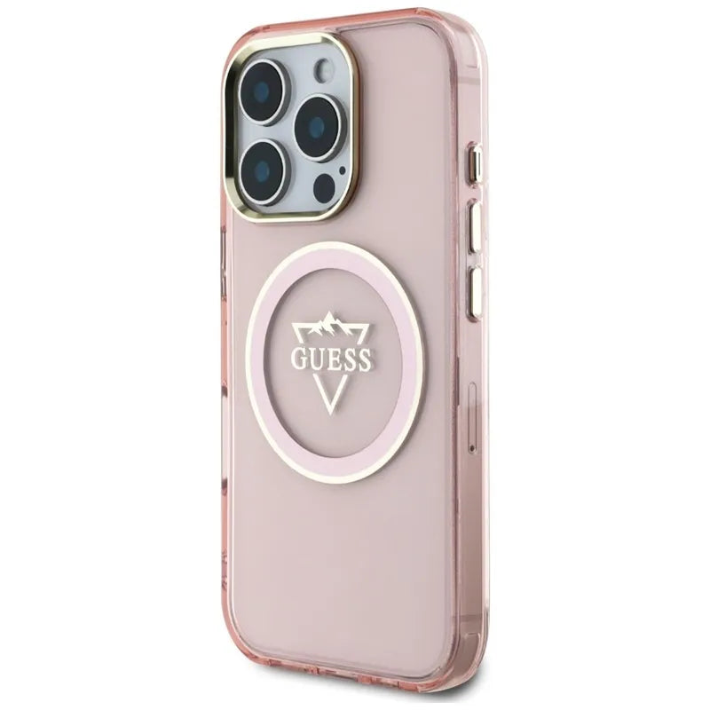 Guess IML Metal Mountain Logo MagSafe – dėklas, skirtas iPhone 16 Pro Max (rožinis)