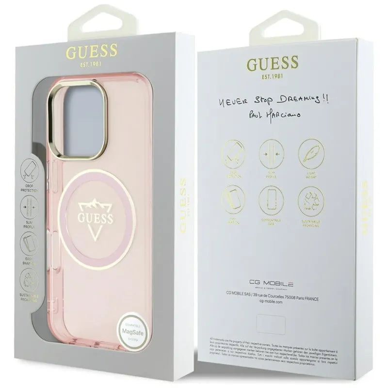 Guess IML Metal Mountain Logo MagSafe – dėklas, skirtas iPhone 16 Pro Max (rožinis)