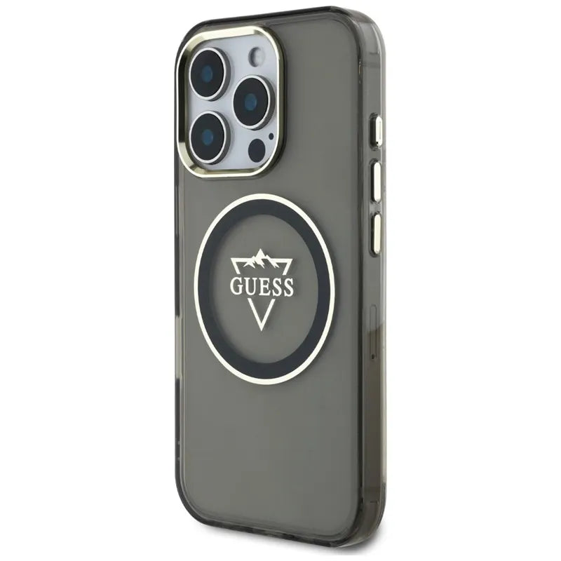 Guess IML metalinis kalnų logotipo dėklas su MagSafe, skirtas „iPhone 16 Pro Max“ (juodas)