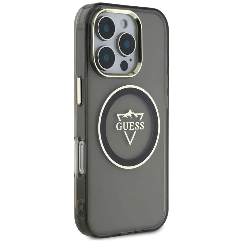 Guess IML metalinis kalnų logotipo dėklas su MagSafe, skirtas „iPhone 16 Pro Max“ (juodas)
