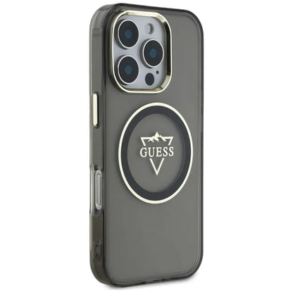 Guess IML metalinis kalnų logotipo dėklas su MagSafe, skirtas „iPhone 16 Pro Max“ (juodas)