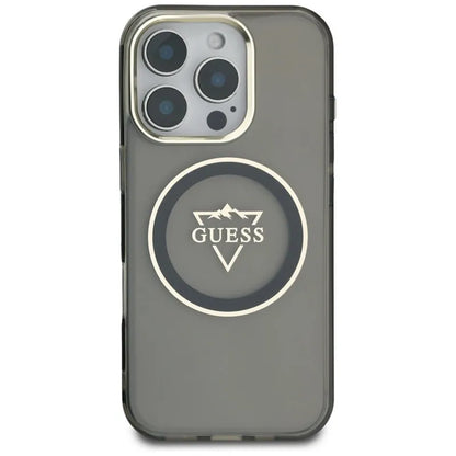 Guess IML metalinis kalnų logotipo dėklas su MagSafe, skirtas „iPhone 16 Pro Max“ (juodas)