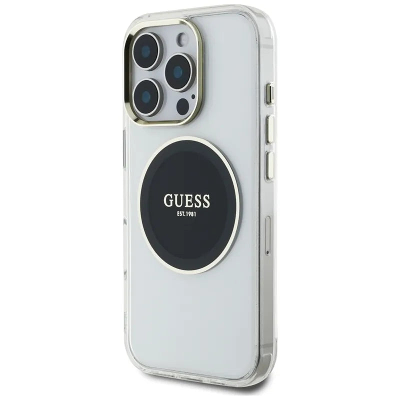 Guess IML metalinis spalvotas apskritimas klasikinis logotipas MagSafe – dėklas skirtas „iPhone 16 Pro“ (juodas)