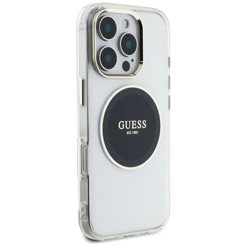Guess IML metalinis spalvotas apskritimas klasikinis logotipas MagSafe – dėklas skirtas „iPhone 16 Pro“ (juodas)