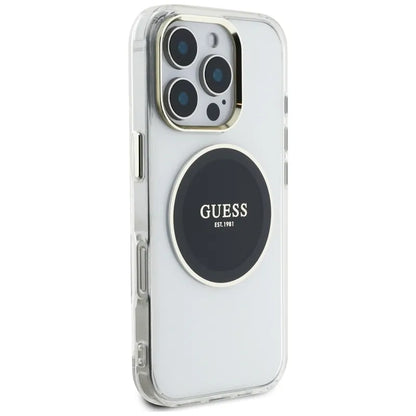 Guess IML metalinis spalvotas apskritimas klasikinis logotipas MagSafe – dėklas skirtas „iPhone 16 Pro“ (juodas)