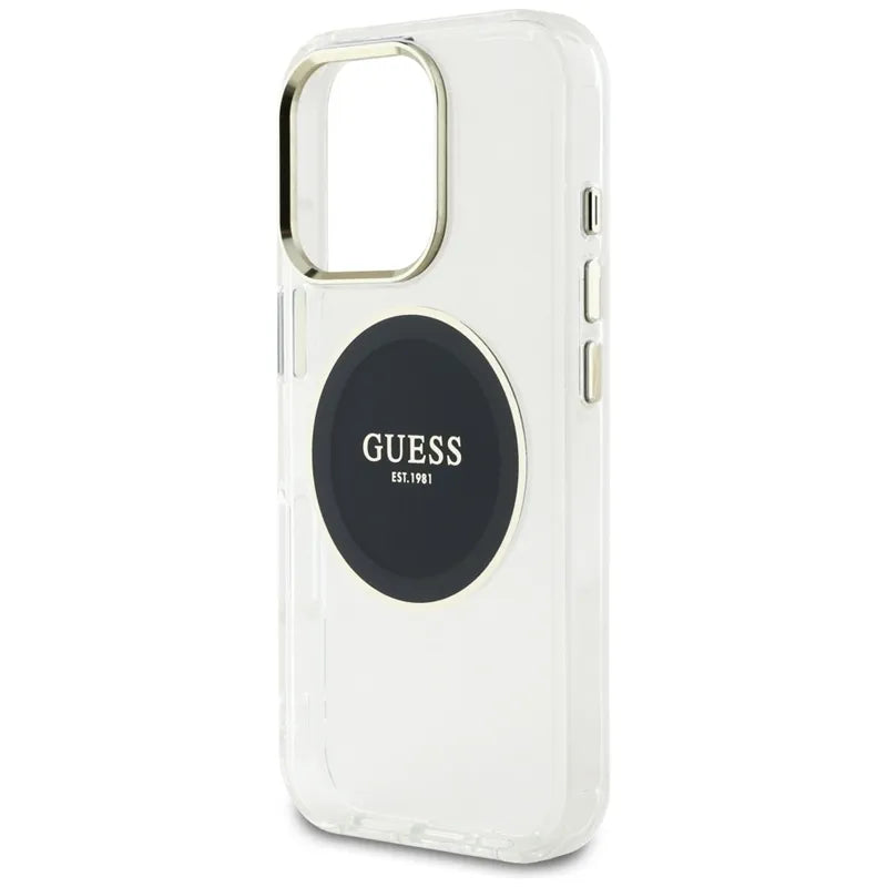 Guess IML metalinis spalvotas apskritimas klasikinis logotipas MagSafe – dėklas skirtas „iPhone 16 Pro“ (juodas)