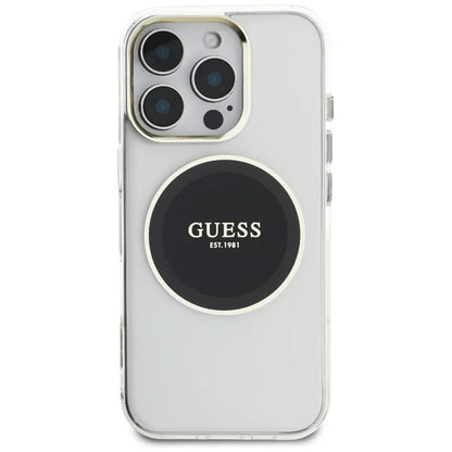 Guess IML metalinis spalvotas apskritimas klasikinis logotipas MagSafe – dėklas skirtas „iPhone 16 Pro“ (juodas)