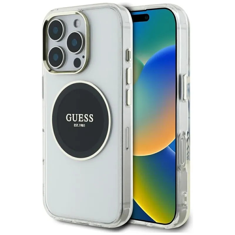 Guess IML metalinis spalvotas apskritimas klasikinis logotipas MagSafe – dėklas skirtas „iPhone 16 Pro“ (juodas)