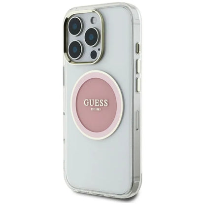 Guess IML metalinis spalvotas apskritimas su klasikiniu logotipu MagSafe - dėklas iPhone 16 Pro Max (rožinis)