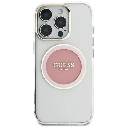 Guess IML metalinis spalvotas apskritimas su klasikiniu logotipu MagSafe - dėklas iPhone 16 Pro Max (rožinis)