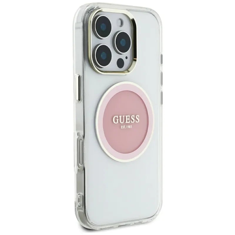 Guess IML metalinis spalvotas apskritimas su klasikiniu logotipu MagSafe - dėklas iPhone 16 Pro Max (rožinis)