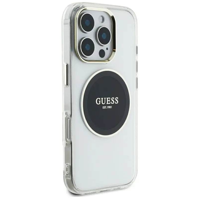 Guess IML metalinis spalvotas apvalus klasikinis logotipas MagSafe – dėklas, skirtas „iPhone 16 Pro Max“ (juodas)