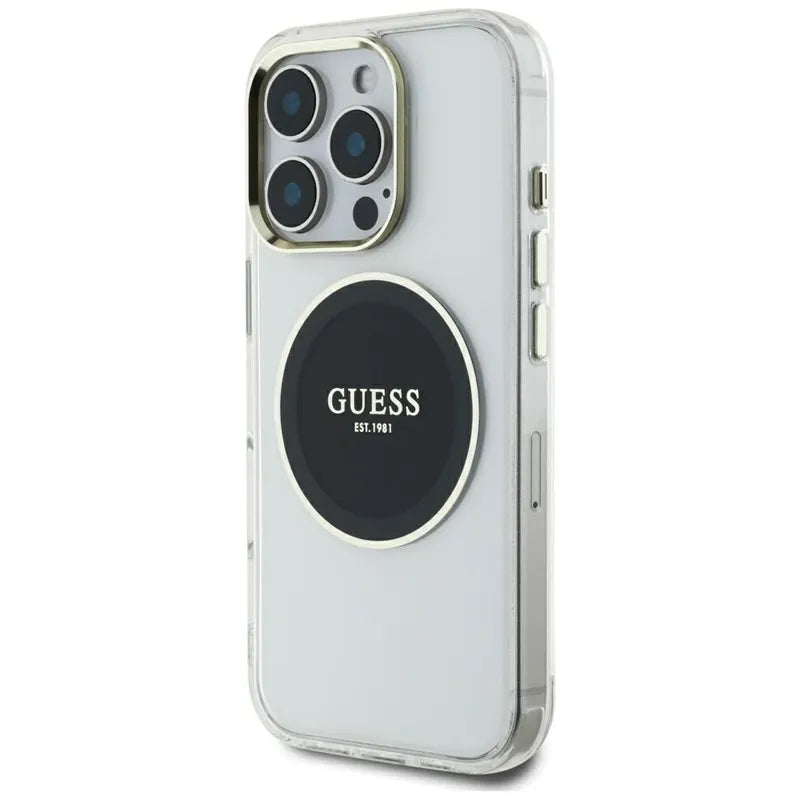 Guess IML metalinis spalvotas apvalus klasikinis logotipas MagSafe – dėklas, skirtas „iPhone 16 Pro Max“ (juodas)