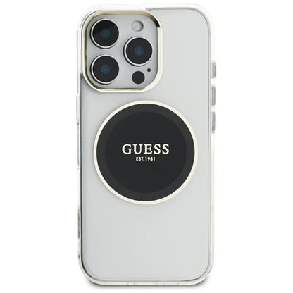 Guess IML metalinis spalvotas apvalus klasikinis logotipas MagSafe – dėklas, skirtas „iPhone 16 Pro Max“ (juodas)