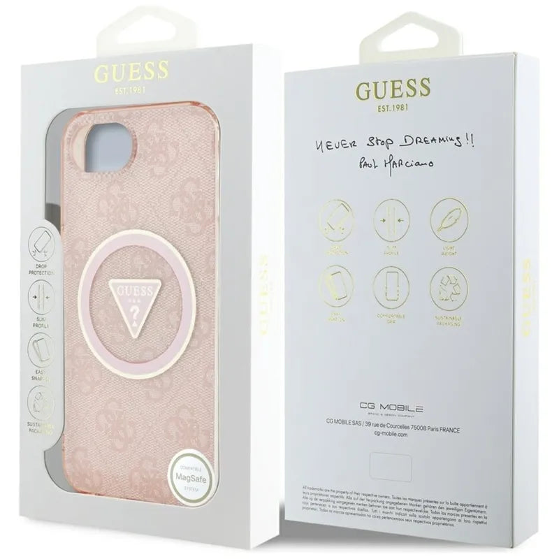 Guess IML metalo blizgučiai 4G apskritimas trikampis MagSafe - Dėklas iPhone 16e (rožinis)
