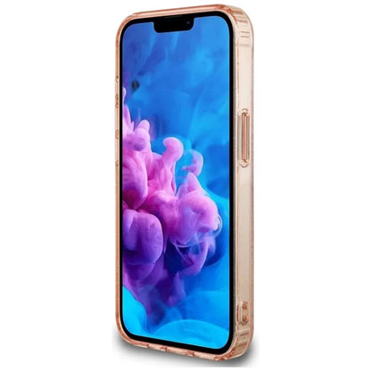 Guess IML metalo blizgučiai 4G apskritimas trikampis MagSafe - Dėklas iPhone 16e (rožinis)