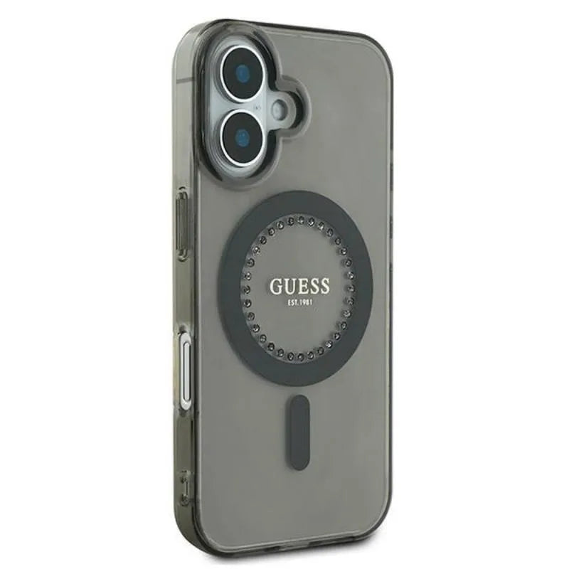 Guess IML Rhinestones MagSafe – Dėklas iPhone 16 (juodas)