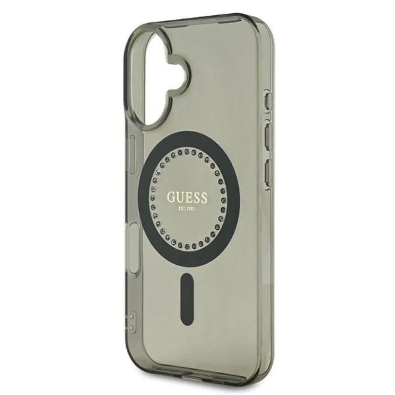 Guess IML Rhinestones MagSafe – Dėklas iPhone 16 (juodas)