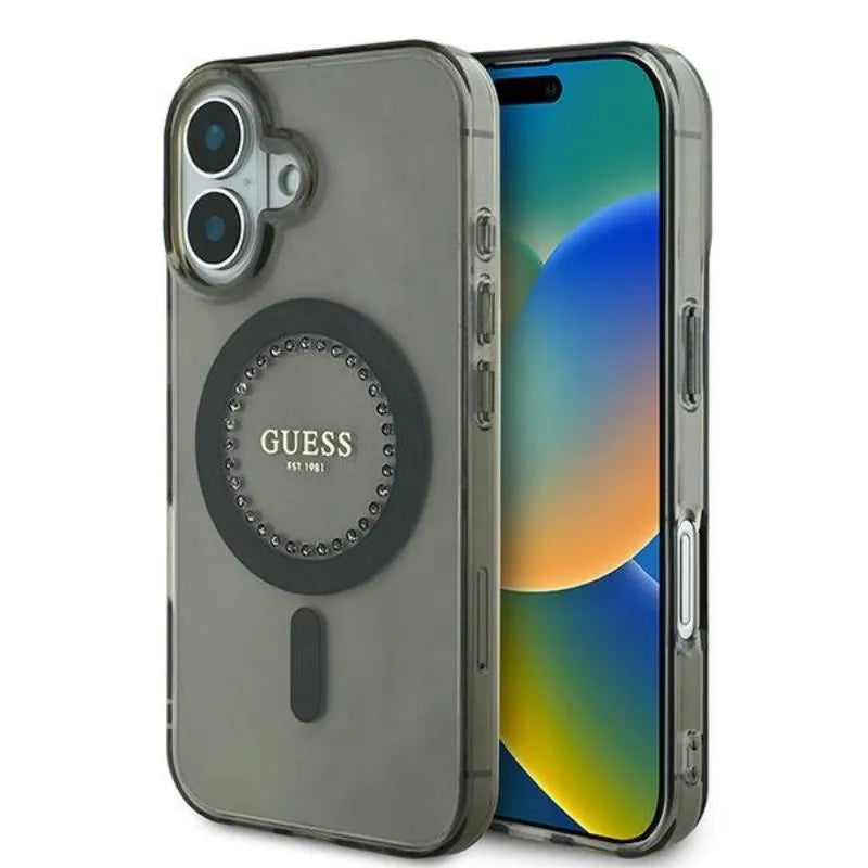 Guess IML Rhinestones MagSafe – Dėklas iPhone 16 (juodas)