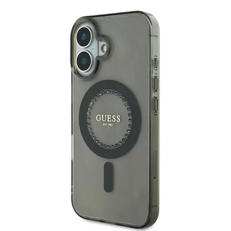 Guess IML Rhinestones MagSafe – Dėklas iPhone 16 (juodas)