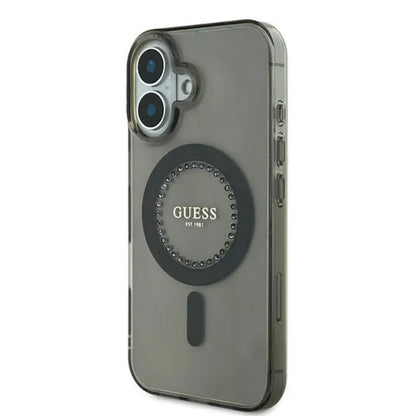 Guess IML Rhinestones MagSafe – Dėklas iPhone 16 (juodas)
