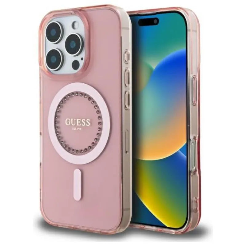 Guess IML Rhinestones MagSafe – dėklas iPhone 16 Pro Max (rožinė)